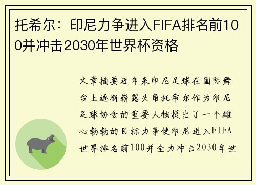 托希尔：印尼力争进入FIFA排名前100并冲击2030年世界杯资格